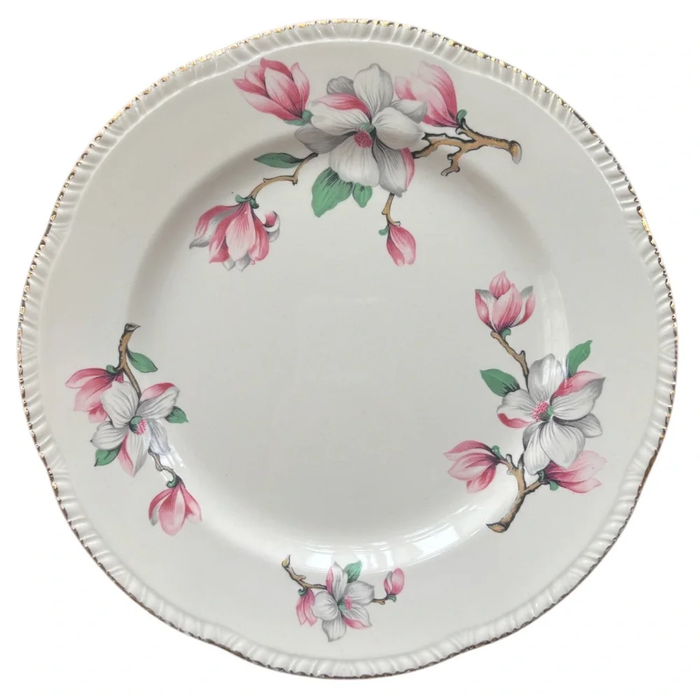 Vintage Pink Floral Plates Homer Laughlin Dogwood Gold Trim Fine China 3 Pc Set
